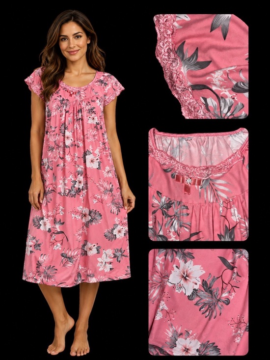 Other - 🍓Women's Super Soft Pink Hibiscus Loungewear  Lace Trim Pj's size Medium Large